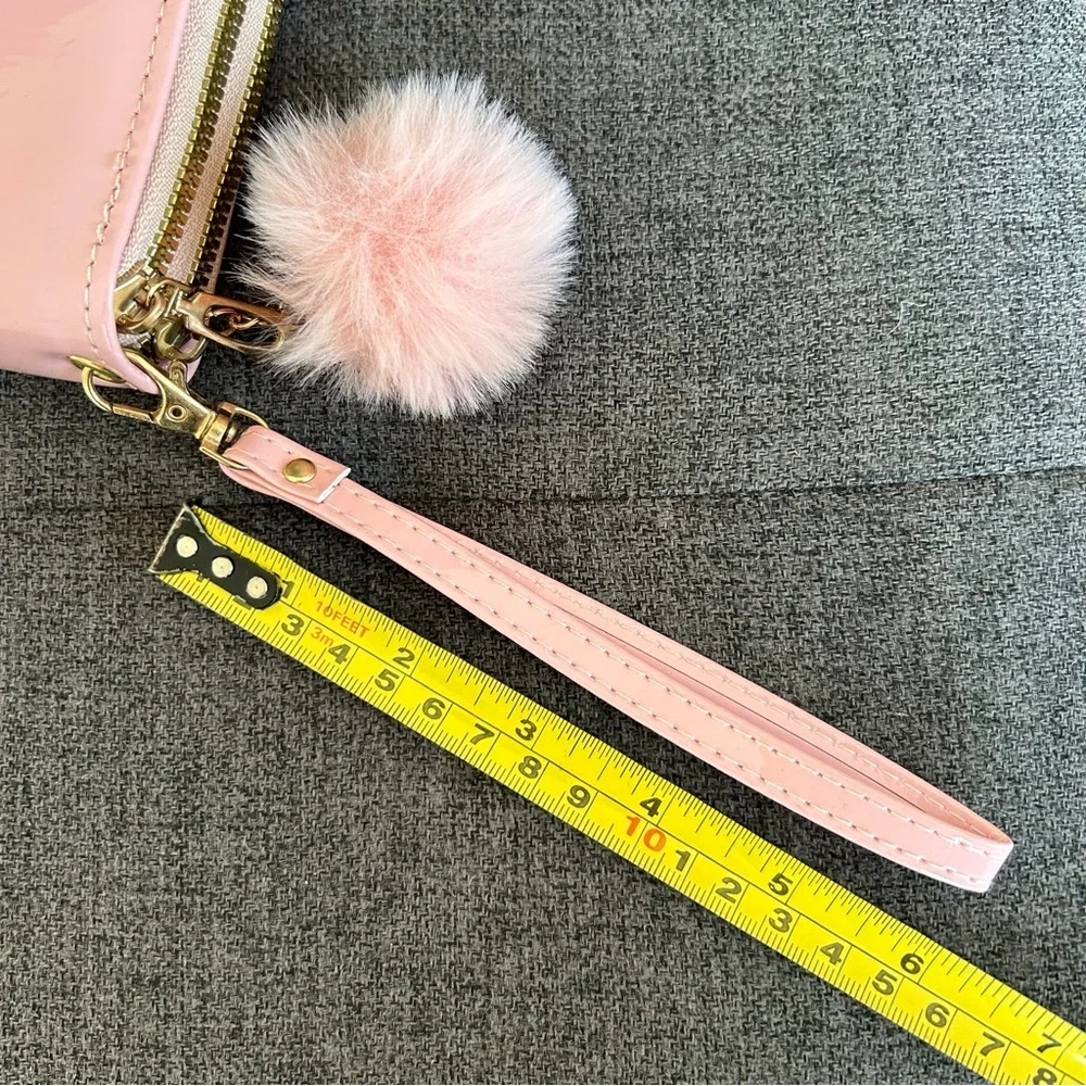 Pink Patent Butterfly Double Zip Around Wallet / Wristlet with Pom Pom Charm